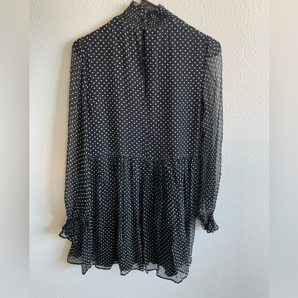 Sezane Black White Polka Dot Long Sleeve Dress 100% Silk Size 34 EU Sheer Lined - Picture 8 of 9